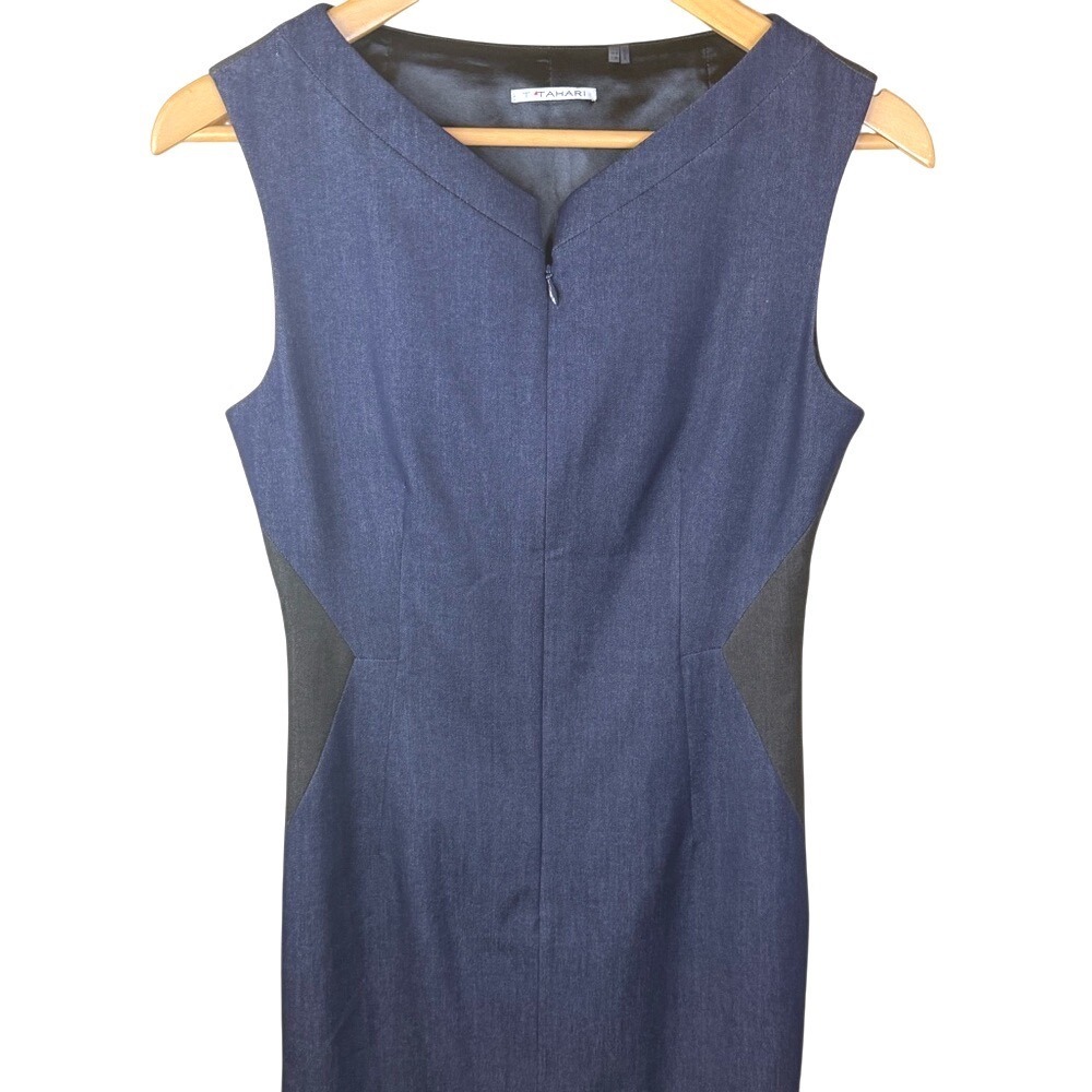 Tahari Dress Sz 2 Blue Knit Women's Mix Media Colorblock Midi Sheath XS Formal